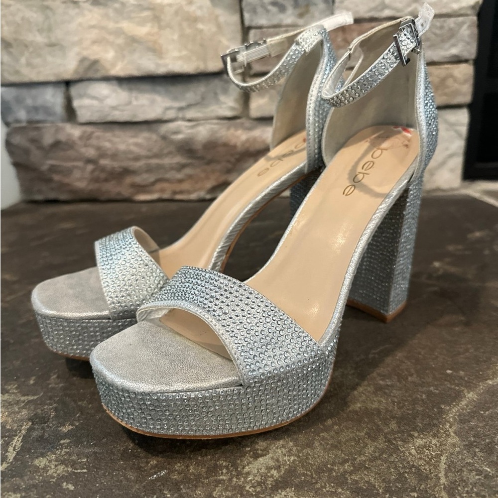 Bebe Silver Rhinestone Platform Heels
